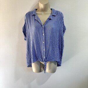 Jane + Delancey T-shirt Size L Gingham Check Blue White Shirt High Low Button